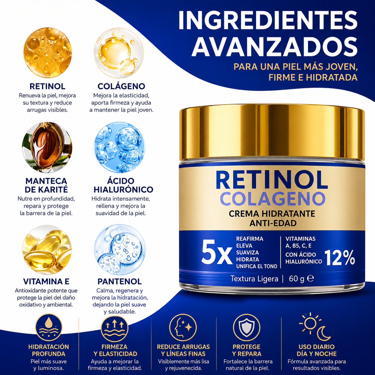 Crema Facial con Retinol, Colágeno y Ácido Hialurónico 60 g | Antiarrugas, Hidratante y Reafirmante