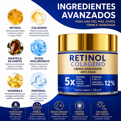 Crema Facial con Retinol, Colágeno y Ácido Hialurónico 60 g | Antiarrugas, Hidratante y Reafirmante