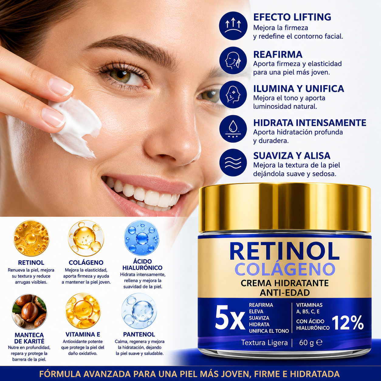 Crema Facial con Retinol, Colágeno y Ácido Hialurónico 60 g | Antiarrugas, Hidratante y Reafirmante