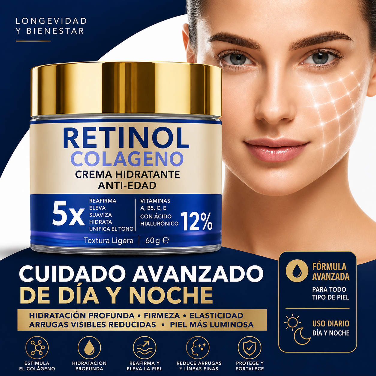 Crema Facial con Retinol, Colágeno y Ácido Hialurónico 60 g | Antiarrugas, Hidratante y Reafirmante