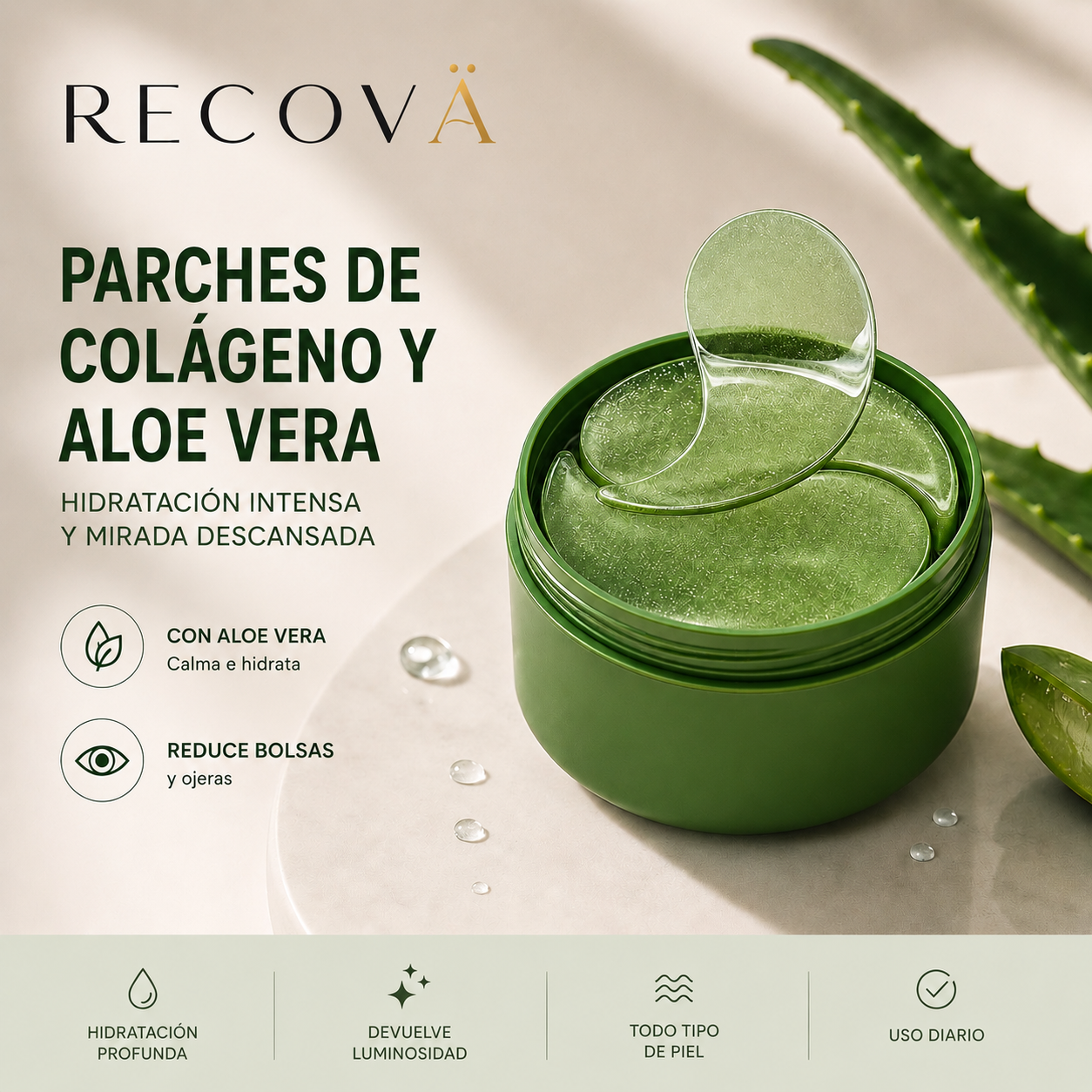 Parches para Ojeras De Aloe Vera y Colágeno | 60 Mascarillas Hidratantes para Ojos